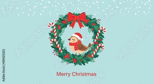Charming 'Merry Christmas' greeting card featuring a cute cartoon bird in a Santa hat and scarf, nestled within a festive holiday wreath.