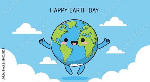 Adorable 'Happy Earth Day' illustration featuring a cute kawaii cartoon planet Earth character with a happy face, floating in a blue sky with clouds.