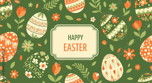 Ornate 'Happy Easter' greeting card featuring text in a decorative frame, set against a green background with a seamless pattern of painted eggs.