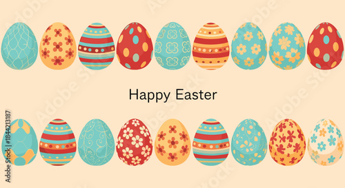 Festive 'Happy Easter' banner or greeting card featuring two horizontal rows of colorful and intricately decorated eggs on a light orange background.