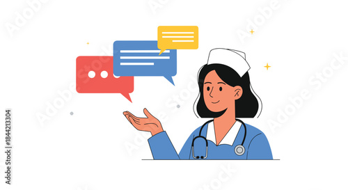 Friendly female nurse gesturing towards chat bubbles, representing medical advice, online consultation, or communication with patients in a clinic.