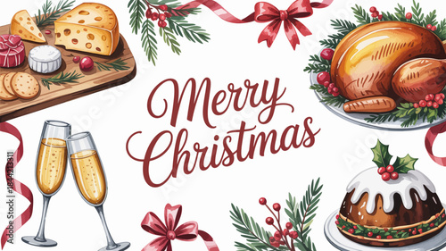 Merry Christmas festive food and drink illustration with cheese board, champagne, roast chicken, and pudding