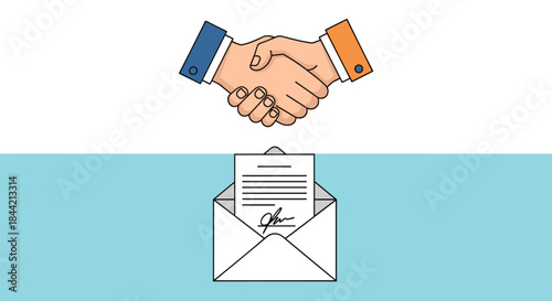 Conceptual illustration of a business agreement, with a handshake symbolizing a successful partnership and a signed contract in an envelope below.