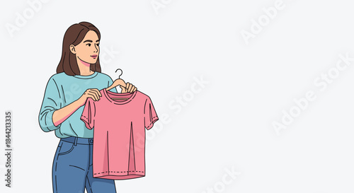 Young woman choosing clothes in a store or at home, holding up a pink t-shirt on a hanger, with ample copy space for text on the right side.