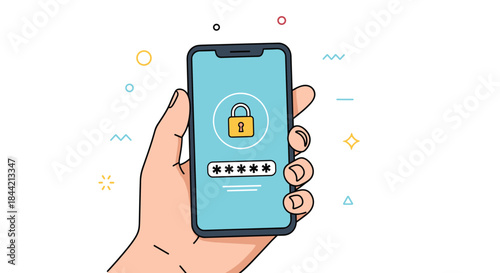 Hand holding a smartphone with a password input field and a padlock icon on the screen, illustrating mobile security and data protection.