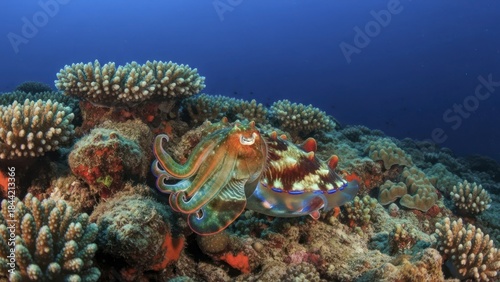 Fototapeta Naklejka Na Ścianę i Meble -  Two vividly colored cephalopods display near a dense coral reef structure underwater