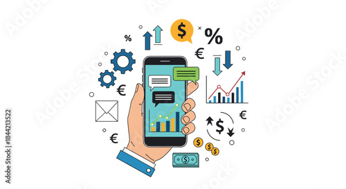 Mobile banking and online finance management concept, showing a hand holding a smartphone with financial charts, currency symbols, and chat icons.