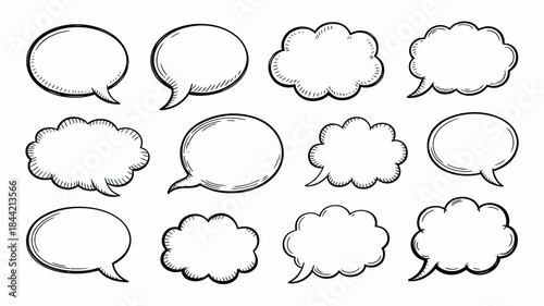 Hand-drawn comic speech bubbles set, blank for customization, on white background