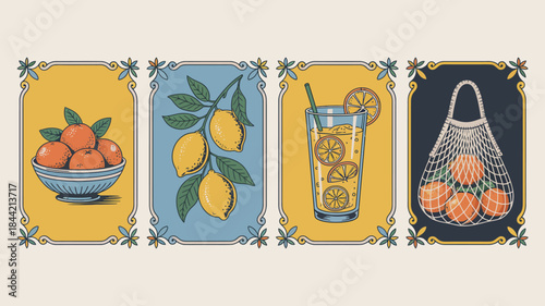 Citrus Fruits Illustrations: Oranges, Lemons, Fresh Juice, and Produce Bag