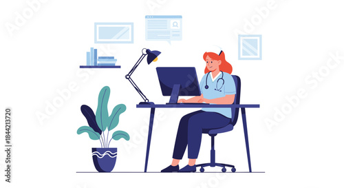 A female nurse or doctor working at her desk on a computer in a modern office or clinic setting, with a plant and bookshelf in the background.