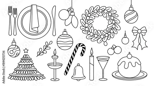 Christmas Holiday Icons and Symbols Line Art Illustration