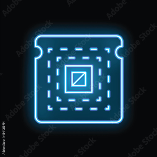 Neon blue icon of a cpu glowing on a black background, representing the concept of computer processing power