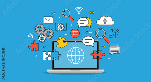 Concept of web development and teamwork, with a laptop showing a globe icon and surrounded by puzzle pieces, gears, and communication symbols.