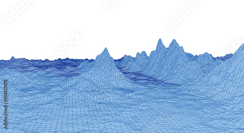 Abstract blue wireframe landscape of mountains and terrain on a white background, representing digital technology, data visualization, or virtual reality.