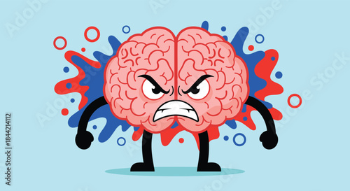 An angry cartoon brain character with clenched fists and a furious expression, with red and blue paint splatters in the background.