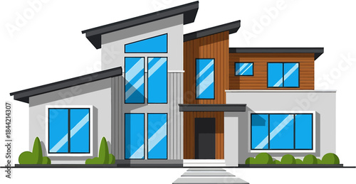 Contemporary architectural illustration featuring a sleek, two-story residential building with large windows and an integrated garage, showcasing modern home design and urban appeal