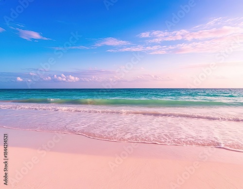 A tropical paradise beach with white sand, azure sea, and pink clouds