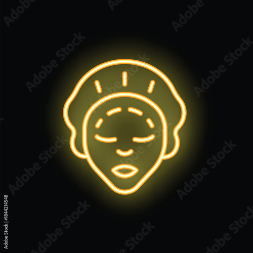 Yellow neon sign representing the face of a woman relaxing with a face mask, ideal for spa and beauty concepts