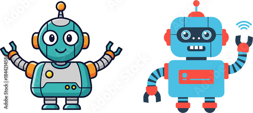 Charming and friendly cartoon robots in vibrant colors, representing artificial intelligence, future technology, and innovative automation concepts for digital designs
