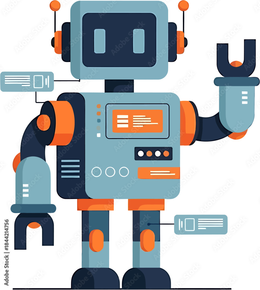 Fototapeta premium Advanced AI Robot Character Illustration with Digital Interface Elements Representing Modern Technology, Automation, and Future Innovation Concepts