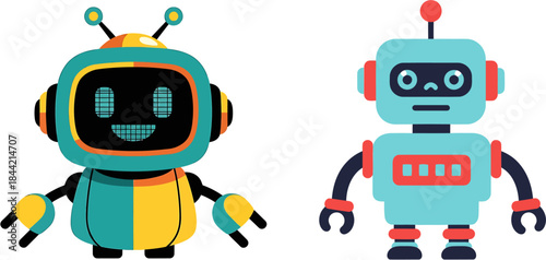 Cute blue robot character with big eyes and a friendly demeanor, perfect for technology and futuristic themes