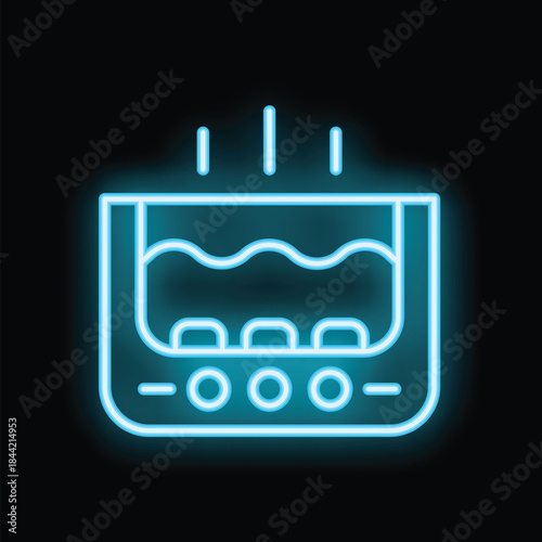 Glowing blue neon icon of a foot bath spa treatment with steam rising