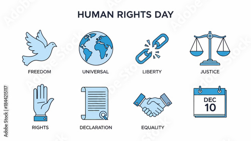 Blue and white icons illustrating concepts for Human Rights Day dated December 10