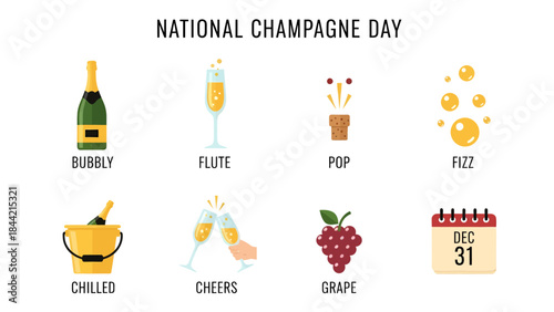 National Champagne Day graphic with eight icons representing related concepts