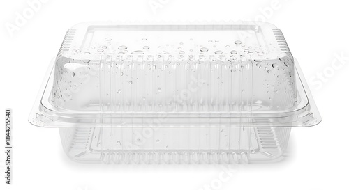 Clear plastic food container with condensation and water droplets on a pure white background for product packaging mockup.