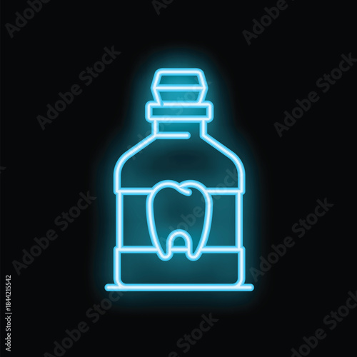 Glowing neon sign showing a bottle with a tooth inside, representing products for dental care and oral hygiene