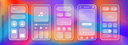 Realistic glassmorphism screen mobile app template set. UI design elements smartphone interface. Transparent frosted glass shapes, icons, buttons, screen for app, banners and social media