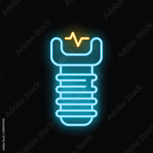Glowing neon icon of a dental implant connecting with a heartbeat line representing a successful surgery