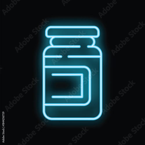 Bright blue neon icon of a medicine or supplement jar glowing on black background