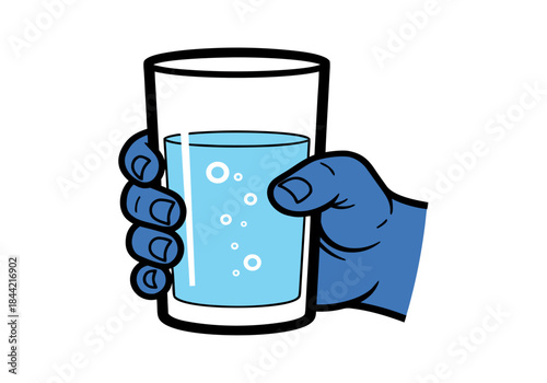 A blue cartoon hand is holding a clear glass filled with bubbly blue liquid.
