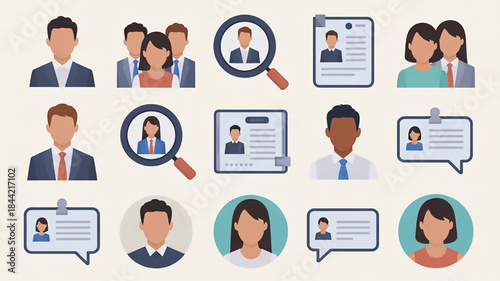 Collection of diverse professional avatar icons representing people and HR concepts like recruitment and identity perfect for web and app design