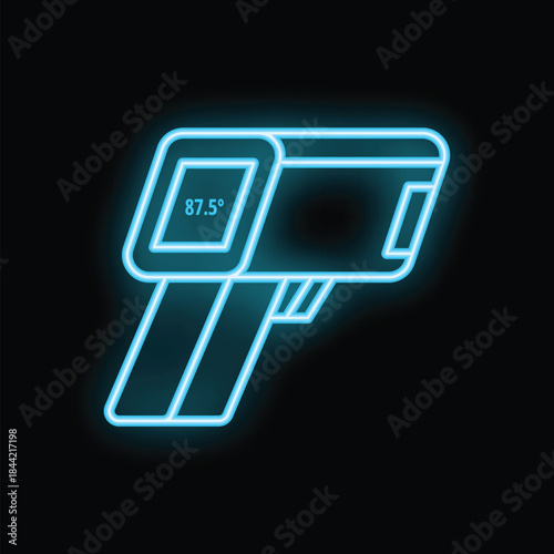 Glowing neon line digital infrared thermometer showing normal temperature icon isolated on black background