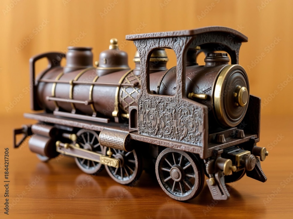 Fototapeta premium Antique Chocolate Steam Train Model on Wooden Surface
