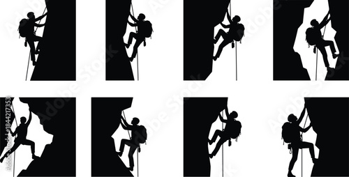 Rock climbing silhouette set with rope harness backpack poses, vertical ascent activity, vector