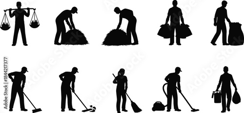 Labor and cleaning silhouette set with tools and poses, physical work activity, vector