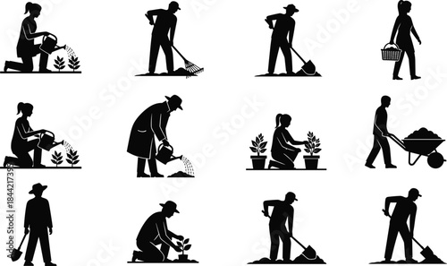 Gardening silhouette set with tools and poses, planting watering digging activity, vector