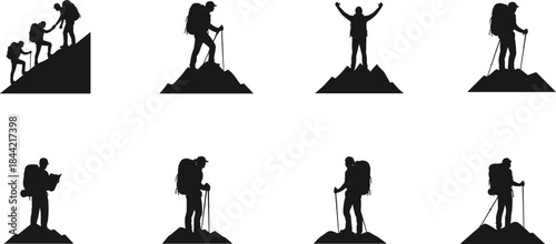 Hiker silhouette set on mountain peak with trekking pose, teamwork exploration, vector