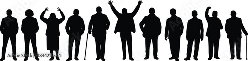 People silhouettes expressing emotions together, diverse characters gestures celebration protest unity concept