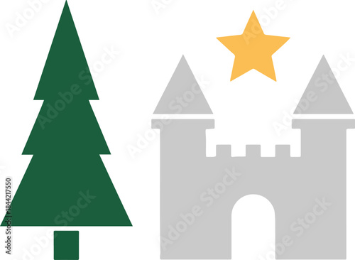 A green pine tree next to a gray castle silhouette with a yellow star above
