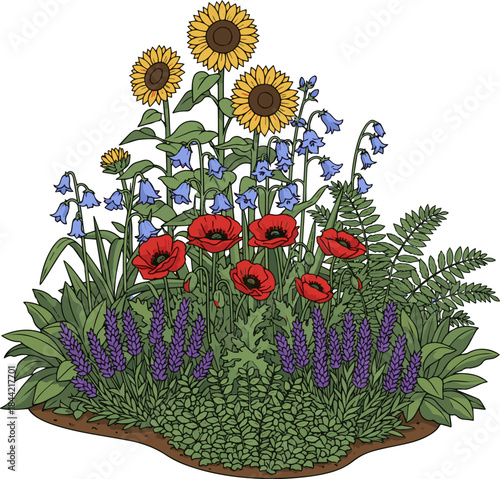 Create a Large flowerbed with many different plants vector art with white background..
