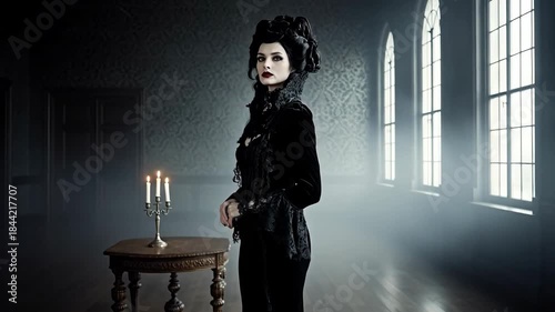 Gothic Woman in Black Gown Standing in a Dark, Eerie Hallway with Candles.