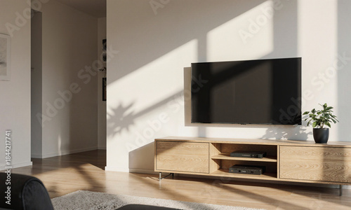 Natural Light Focus - A living room where sunlight streams directly onto the TV console, highlighting its grain and form;