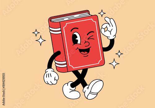 Retro cartoon red book character winking and making an OK gesture, walking happily with sparkles around it on a peach background.