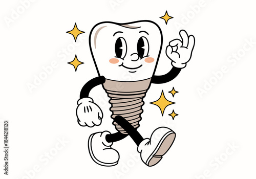 A cheerful cartoon dental implant character walking and making an OK sign, surrounded by sparkles, in a retro animation style.