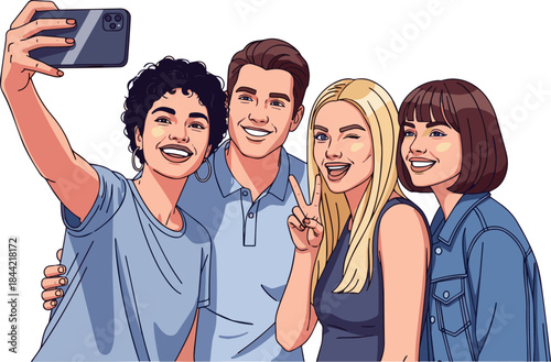 Create a Group of friends standing and taking a selfie vector art with white background.