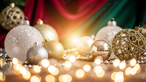 Sparkling golden and silver Christmas ornaments illuminated by festive fairy lights, creating a magical and elegant holiday backdrop for seasonal celebrations